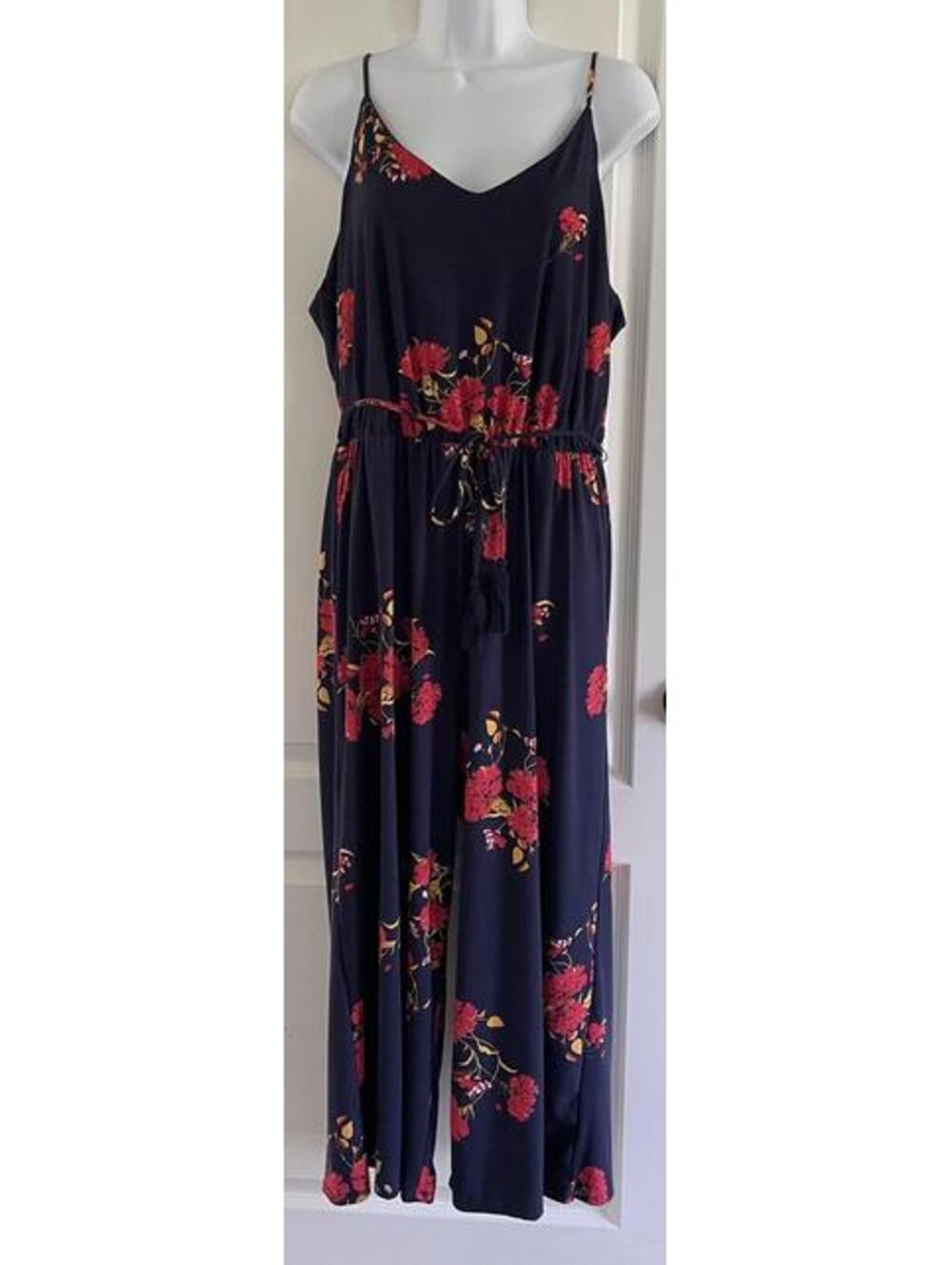 Navy Blue Floral Print Sleeveless Jumpsuit with Drawstring Waist